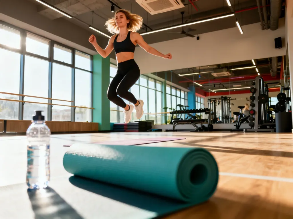 Wysportowana kobieta wykonuje pajacyki w nowoczesnej sali fitness, demonstrując intensywny trening cardio.